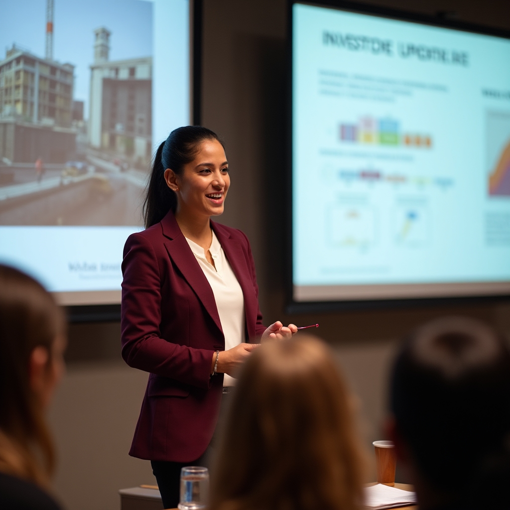Ana, investor communications specialist presenting a visual update framework to workshop participants