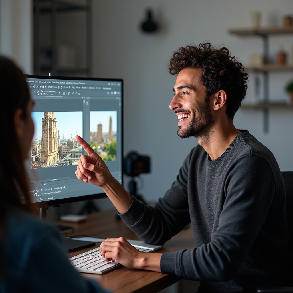 Lucas, post-processing workflow specialist explaining editing techniques on a laptop screen