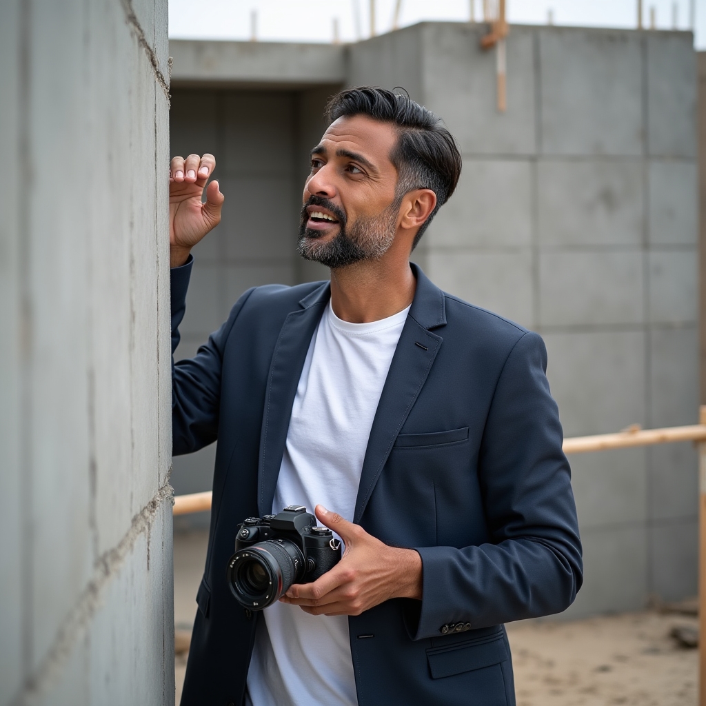 Martín, lead photography instructor demonstrating camera technique at a construction site