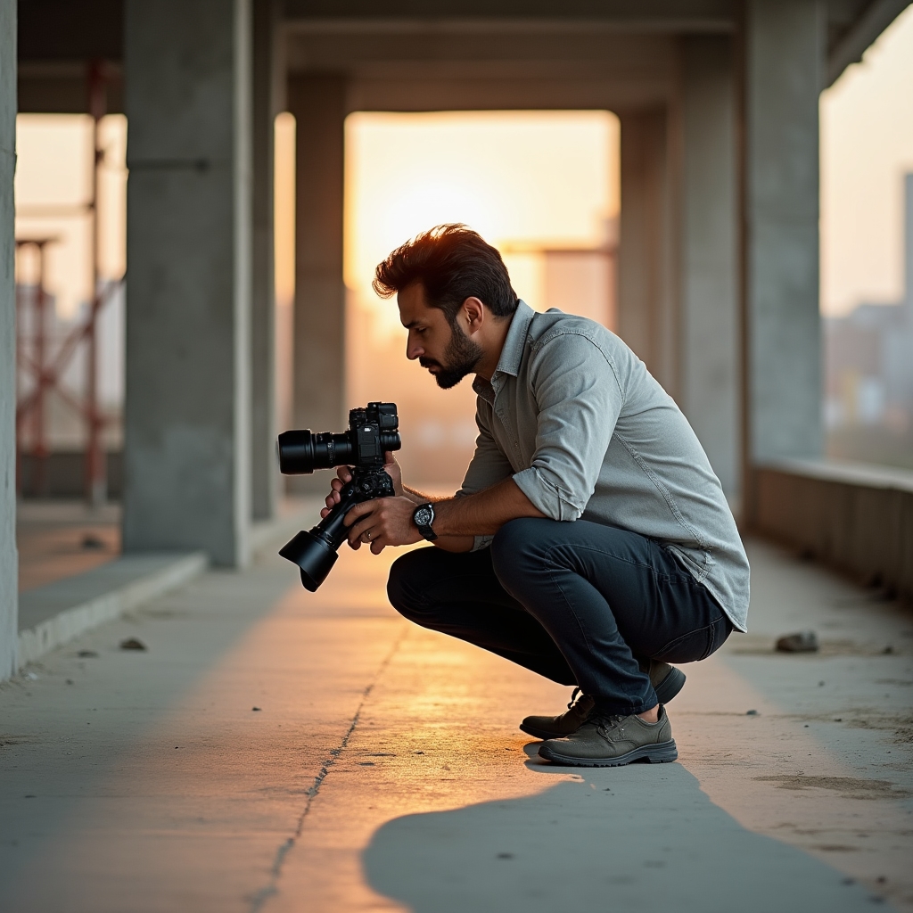 Professional photographing a construction site with proper equipment and technique