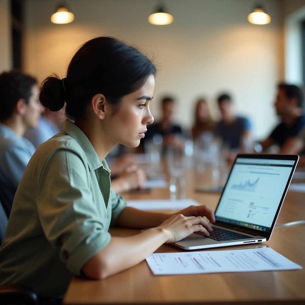 Participant working on investor presentation design on a laptop during workshop day two